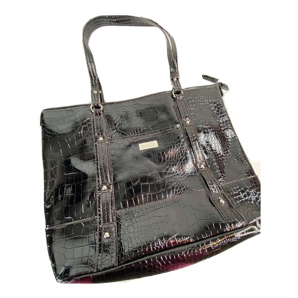 Large Black Patent Faux Leather Shoulder Bag Crocodile Purse Shopper 13x17x3 - Picture 1 of 12